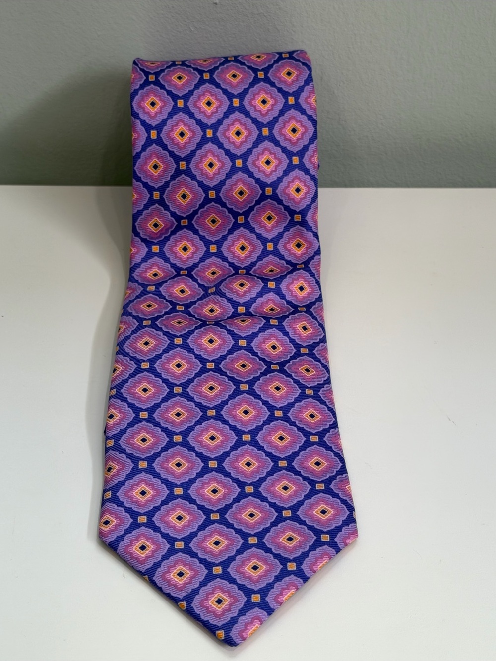 Ferrell Reed Silk Tie Purple Pink Geometric Designer Neck Tie Hand Tailored USA - Picture 7 of 8